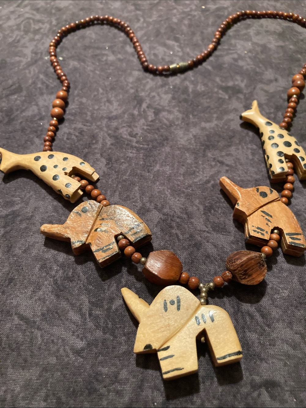 Hand Carved Brown and Tan Wooden Animal Pendant & Beaded Necklace